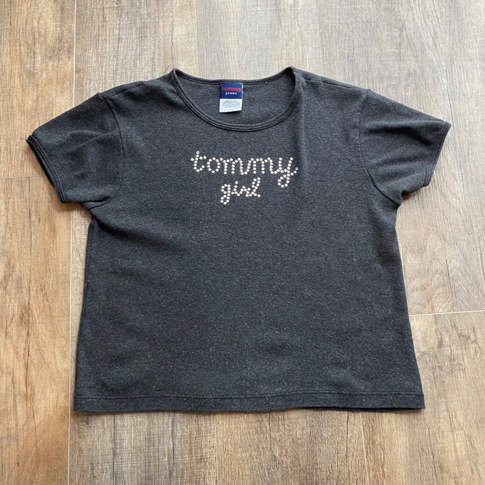 Vintage Tommy Jeans Tommy Girl Beaded Baby‎ Tee Grey Cotton USA Made Womens M